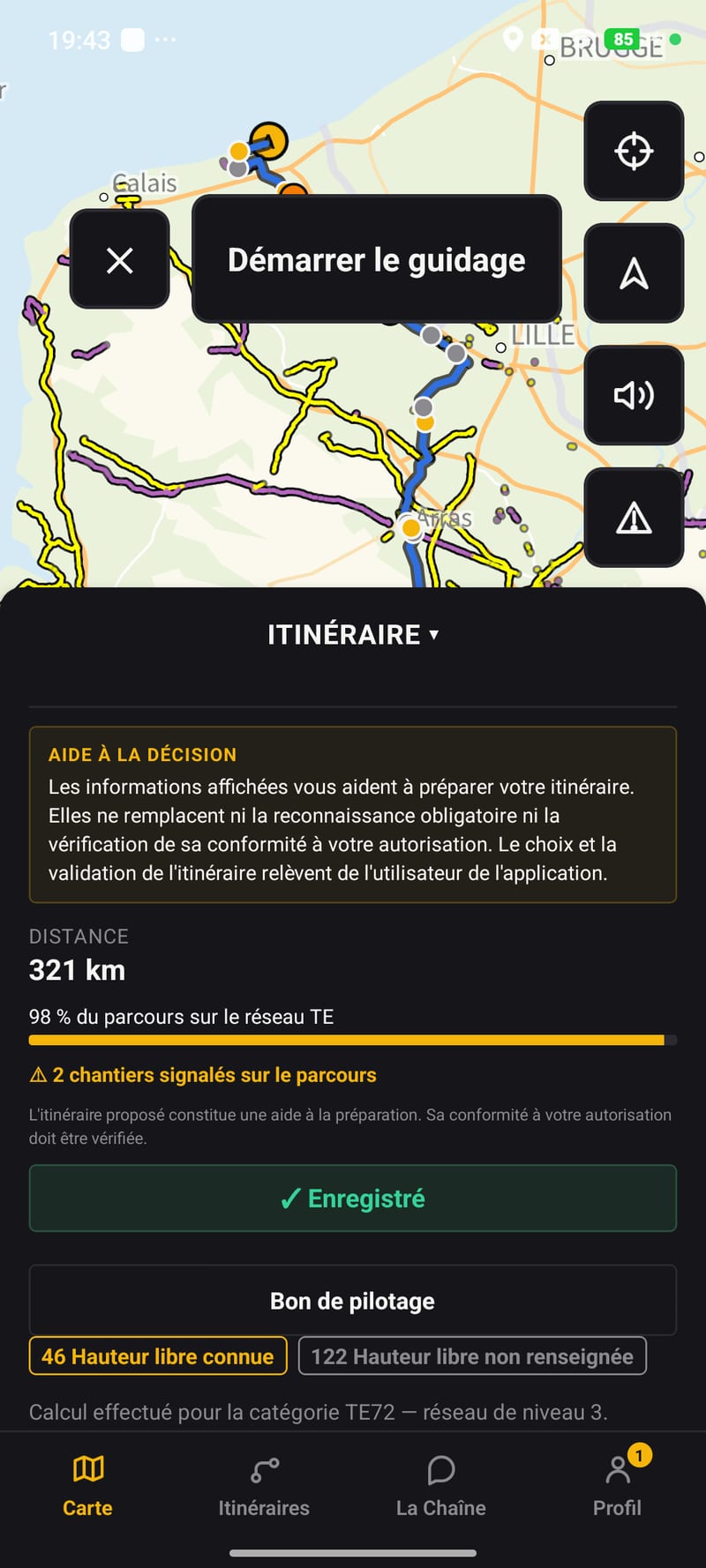 Capture de l'application Android : itinéraire calculé sur le réseau TE, distance, part du parcours sur le réseau et bouton Démarrer la navigation