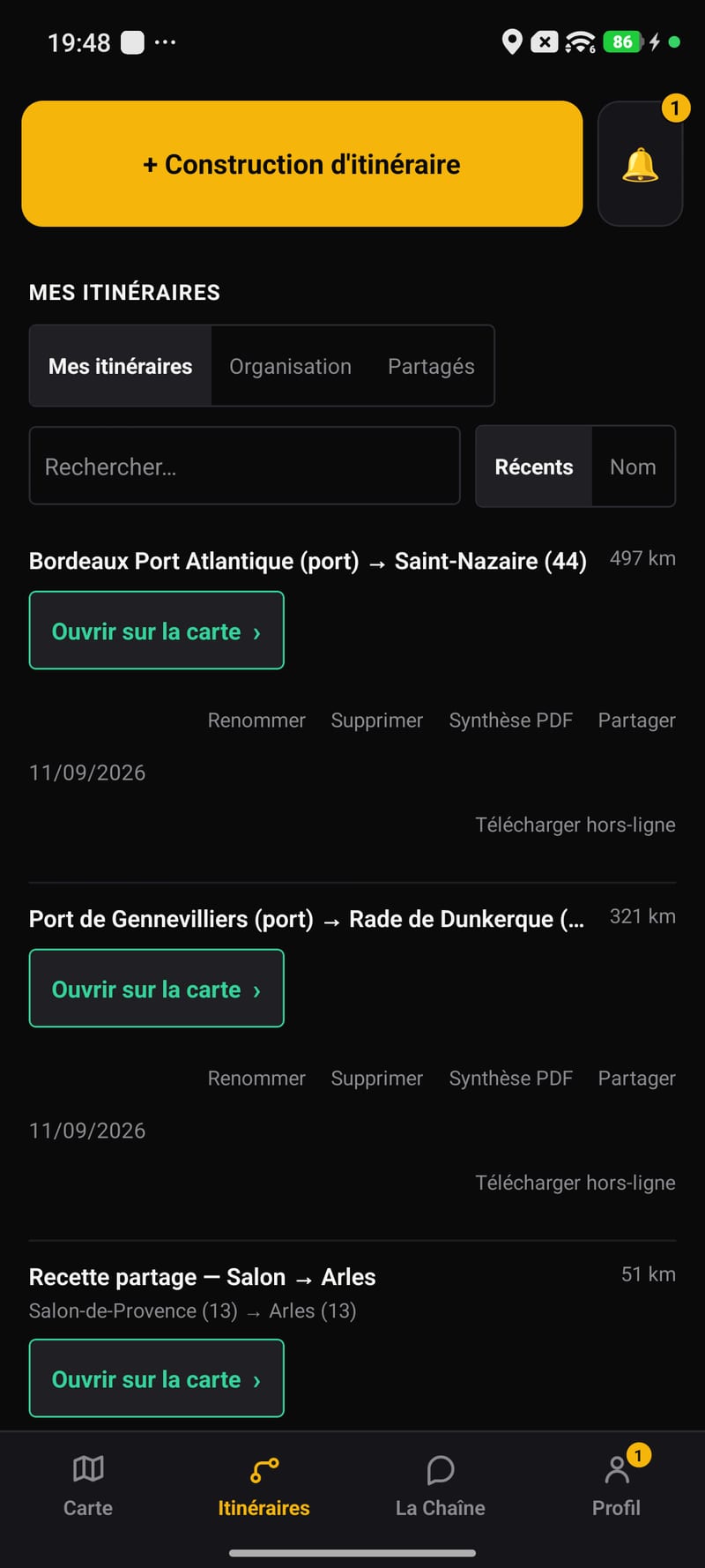 Capture de l'application Android : Mes itinéraires, recherche et tri, synthèse PDF, partage et téléchargement hors-ligne