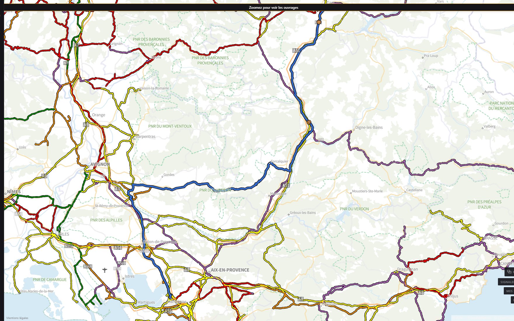 Itinéraire Vitrolles → Gap tracé sur le réseau de transport exceptionnel officiel de catégorie TE72, dans l'application ConvoisOnline