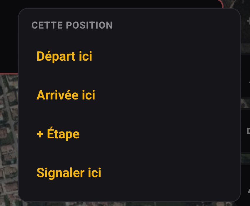 Menu de la carte : définir ce point comme départ, comme étape ou comme arrivée