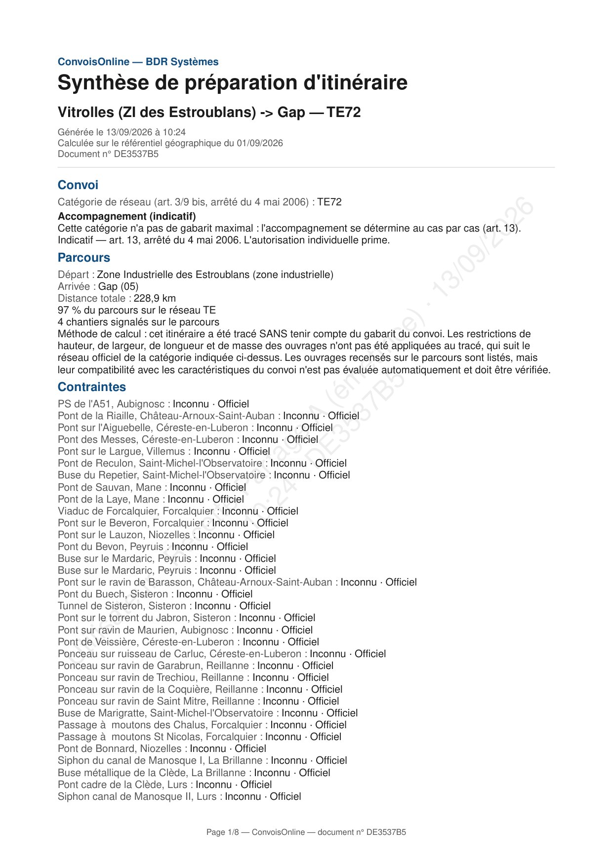 Première page de la synthèse de préparation de l'itinéraire Vitrolles → Gap, filigranée